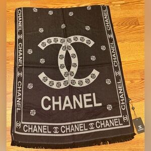 CHANEL Black and Gray Logo Scarf with Tag